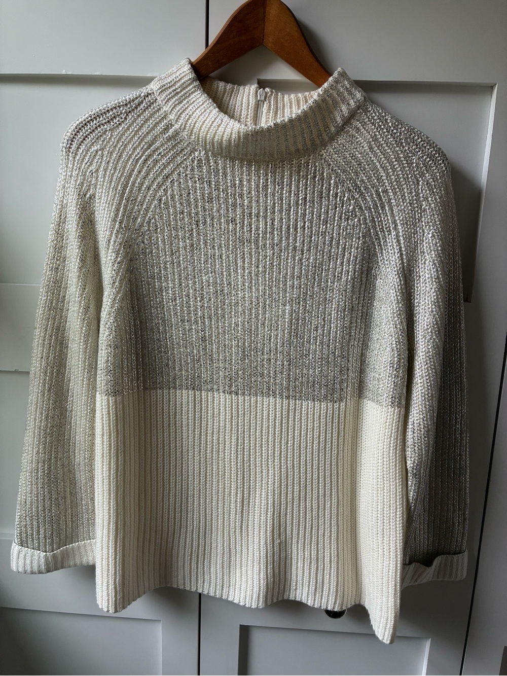 Chico's Two-Tone Chunky Knit Cowl Sweater - Cream & Silver